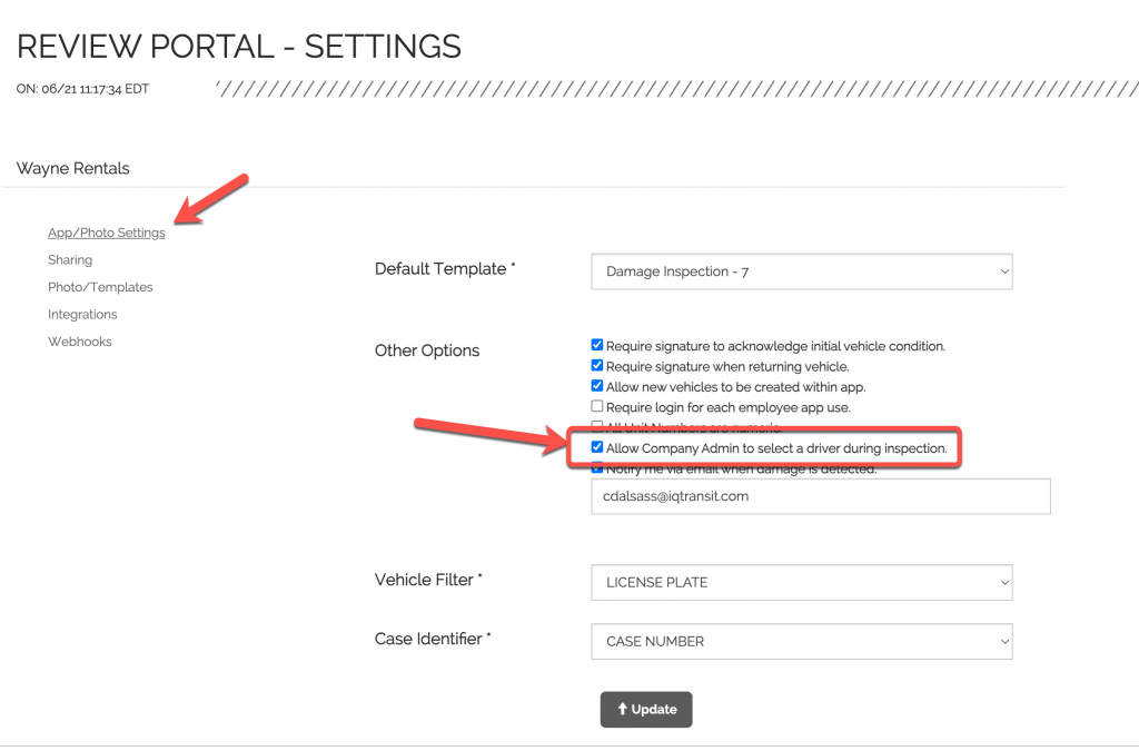 Review Portal ⇾ Settings ⇾ App/Photo Settings